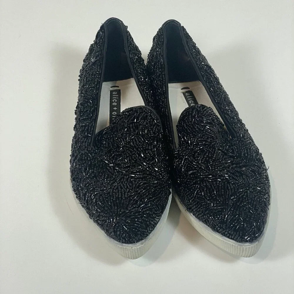 Alice + Olivia Womens Beaded Slip On Sneaker Shoe Black 36 Leather‎ Point Toe